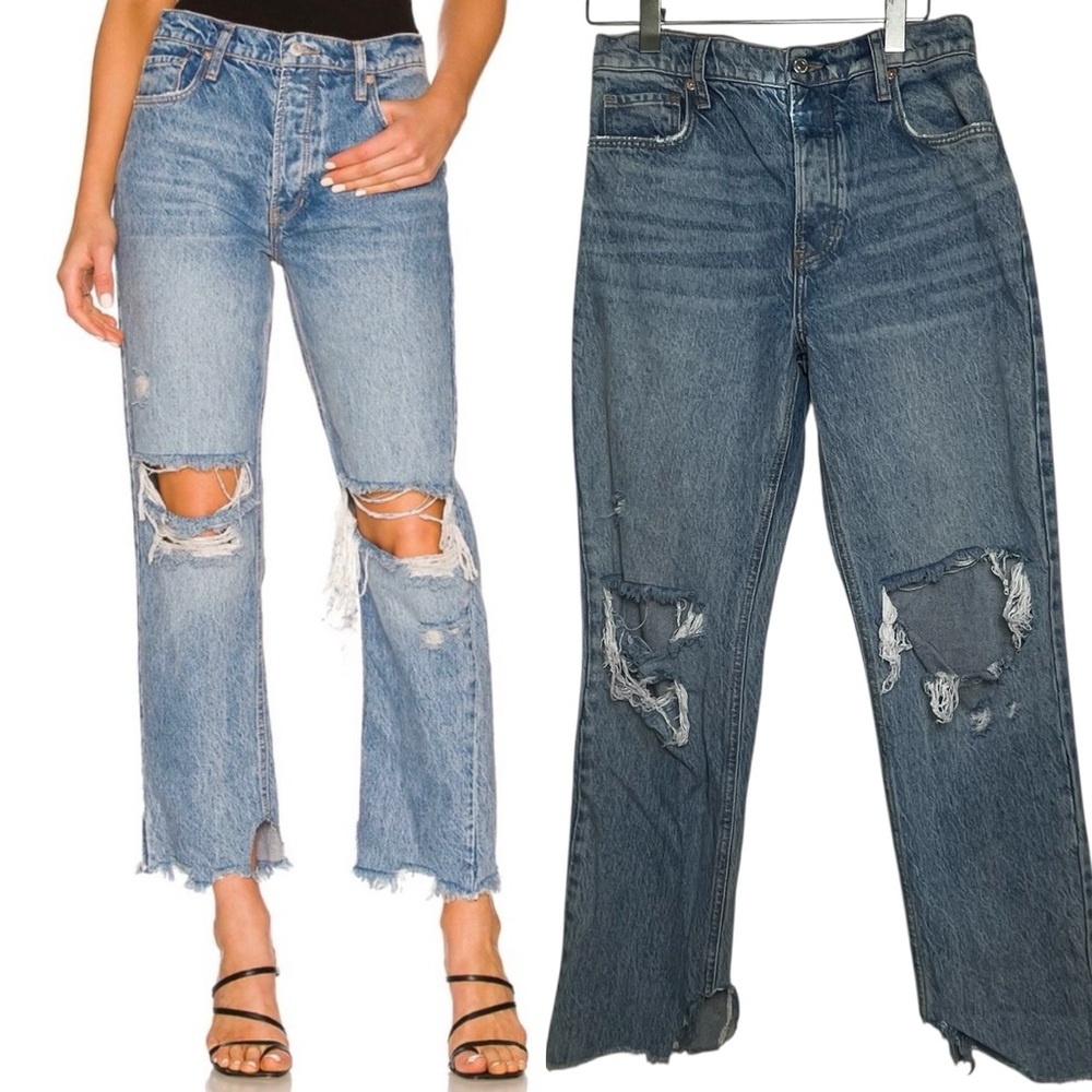 Free People We The Free Tapered Baggy Boyfriend Blue Distressed Ankle Jeans 26